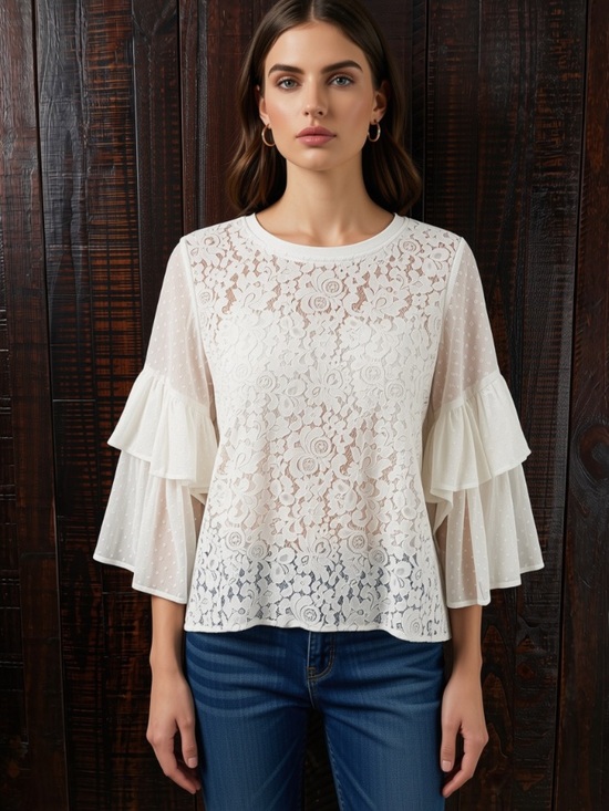 Kensie Tops - Kensie Romantic Boho White Lace Top Ruffled Sleeves Size Large